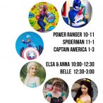 Meet Elsa, Anna, Belle, Spiderman, Captain America and a Power Ranger!